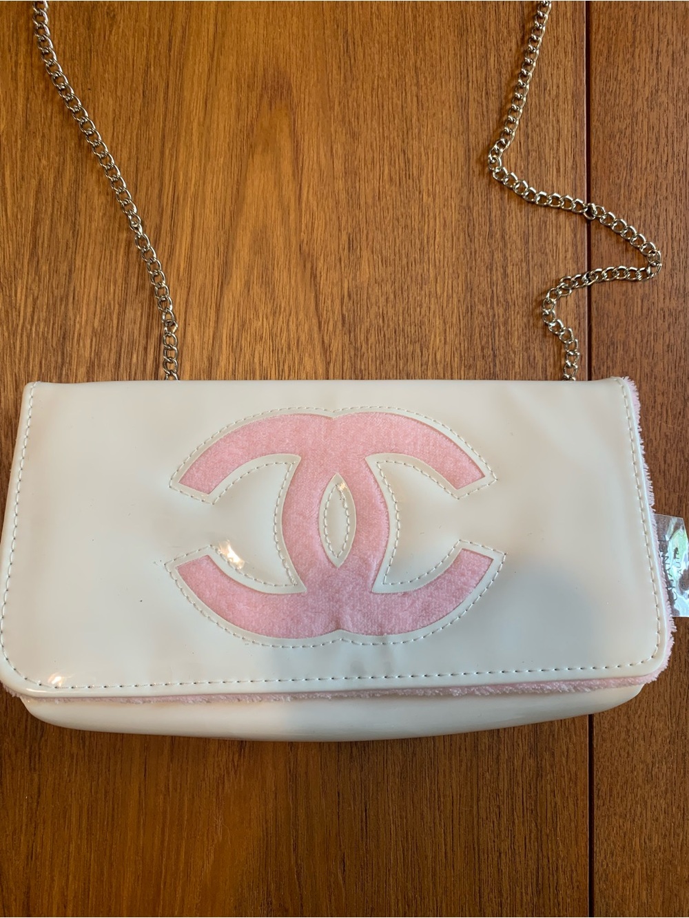 Chanel Beauty White & Pink Patent Leather Clutch with Chain